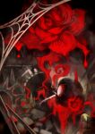  1girl artist_request black_dress black_hair bleeding blood crown crown_removed death dress expressionless flower full_body impaled indoors mini_crown official_art plant red_eyes red_flower red_rose rose rose_(rose_to_tasogare_no_kojou) rose_to_tasogare_no_kojou ruins short_hair silk solo spider_web spikes thorns vines 