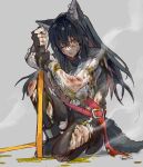 1girl animal_ear_piercing animal_ears arknights belt black_footwear black_gloves black_hair blood blood_on_face boots dissolving_clothes fingerless_gloves gloves holding holding_sword holding_weapon injury long_hair mutomorokoshi one_eye_closed orange_eyes parted_lips planted planted_sword red_belt simple_background smoke solo sword tail texas_(arknights) torn_clothes weapon wolf_ears wolf_girl wolf_tail 