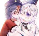  2girls absurdres biting black_bow black_bowtie black_ribbon blush bow bowtie cabbie_hat cheek_biting closed_eyes commentary_request flying_sweatdrops gloom_(expression) grey_eyes hair_between_eyes hat heart highres j_(ppxx3543) japanese_clothes jiangshi kariginu lace-trimmed_sleeves lace_trim long_bangs long_hair looking_at_another miyako_yoshika mononobe_no_futo multiple_girls neck_ribbon open_mouth purple_hair purple_headwear red_shirt ribbon shirt short_hair short_sleeves simple_background star_(symbol) tate_eboshi tearing_up touhou upper_body white_background white_hair you&#039;re_doing_it_wrong 