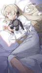  1girl absurdres ahoge black_ribbon closed_eyes closed_mouth commentary_request dress feet_out_of_frame hair_ribbon hands_up highres kasugano_sora light_brown_hair long_hair long_sleeves lying on_side ribbon sentter sleeping solo stuffed_animal stuffed_toy white_dress yosuga_no_sora 