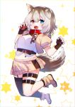  1girl :d animal_ears belt black_gloves blue_eyes boots breasts brown_hair chain chain_leash collar cropped_jacket dog_ears dog_girl dog_tail ear_down fang fingerless_gloves full_body garter_straps gloves hasuki_rui heterochromia highres indie_virtual_youtuber jacket kitasaya_ai leash light_brown_hair medium_breasts medium_hair miniskirt multicolored_hair navel open_clothes open_jacket open_mouth plaid plaid_skirt pleated_skirt puffy_short_sleeves puffy_sleeves red_collar red_eyes short_sleeves single_garter_strap single_thighhigh skin_fang skirt smile tail thigh_strap thighhighs two-tone_hair unaligned_ears virtual_youtuber 