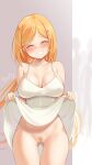  1girl absurdres aki_rosenthal bare_shoulders blonde_hair blush breasts cleavage clothes_lift collarbone dress dress_lift grin harry_(dudwofla) highres hololive large_breasts lifted_by_self long_hair low_twintails no_panties parted_bangs pussy smile solo thighs twintails virtual_youtuber white_dress 