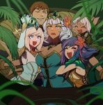 1boy 4girls animal_ears bare_shoulders blonde_hair blue_hair breasts brown_hair chameleon_girl cleavage closed_eyes confused crown dress elementalist_lux eyeshadow facial_mark facial_tattoo flower garen_(league_of_legends) green_dress hair_flower hair_ornament hand_on_own_cheek hand_on_own_face holding holding_phone holding_weapon jewelry jungle large_breasts leaf league_of_legends light_blue_dress looking_at_object looking_at_viewer lux_(league_of_legends) makeup medium_breasts medium_hair multiple_girls nature necklace neeko_(league_of_legends) open_mouth outstretched_arms phone qiyana_(league_of_legends) short_hair smile sweatdrop tattoo tristana v-shaped_eyebrows weapon white_hair yellow_eyes zaket07 