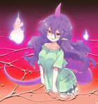  blush breasts clothes_writing collarbone english_text fire frilled_shorts frills gradient_background green_shirt green_shorts hair_between_eyes hitodama holster horns in_water long_hair long_tail looking_ahead medium_breasts messy_hair open_mouth original pointy_ears purple_hair purple_tail red_eyes shirt short_sleeves shorts signature simple_background single_horn single_off_shoulder standing syringe syringe_holster tail tanasuke tenkajin_chiyari thigh_holster tongue water 