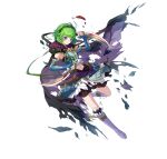  1girl black_cloak cloak dagger elbow_gloves fingerless_gloves fire_emblem fire_emblem:_the_blazing_blade fire_emblem_heroes frilled_skirt frills gloves green_hair knife midriff navel nino_(fang&#039;s_heart)_(fire_emblem) nino_(fire_emblem) official_alternate_costume official_art purple_gloves purple_hair skirt solo weapon 