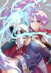  1girl absurdres armor belt breasts cape commission commissioner_upload electricity fire_emblem highres ishtar_(fire_emblem) jewelry large_breasts magic necklace pauldrons ponytail purple_eyes purple_hair shoulder_armor skeb_commission 