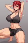  1girl absurdres aizawa_tomo armpits arms_up artist_name black_shorts black_tank_top blush breasts cameltoe cleavage covered_nipples grey_background highres jmg large_breasts looking_at_viewer midriff navel presenting_armpit red_eyes red_hair short_hair shorts simple_background solo squatting sweat tank_top tomboy tomo-chan_wa_onna_no_ko 