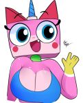  big_breasts bra breasts clothing domestic_cat equid equine felid feline felis female horn hybrid lego looking_at_viewer mammal rizkitsuneki simple_background solo the_lego_movie underwear unicorn unikitty unikitty! 