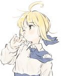  1girl ahoge artoria_pendragon_(fate) blonde_hair blue_ribbon blush collared_shirt fate/stay_night fate_(series) green_eyes hair_bun hair_ribbon highres long_sleeves looking_to_the_side neck_ribbon one_eye_closed ribbon saber shirt sidelocks simple_background sketch smile solo tenoo12 upper_body white_background white_shirt wind 