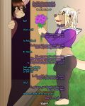  &lt;3 &lt;3_eyes anthro black_bottomwear black_clothing black_leggings black_legwear blonde_hair blue_eyes bottomwear brown_body brown_eyes brown_fur brown_hair building bulge butt clothing crop_top cropped_jacket dasherslash dialogue digital_media_(artwork) door duo ear_piercing english_text facial_piercing flower footwear fur grass hair half-closed_eyes hi_res highlights_(coloring) holding_object jacket lagomorph leggings legwear leporid lip_piercing male mammal midriff multicolored_body multicolored_fur mustelid narrowed_eyes navel navel_piercing on_grass onomatopoeia otter piercing plant purple_clothing purple_flower purple_jacket purple_topwear rabbit rug shirt shoes side_view sound_effects standing teeth text tongue topwear two_tone_body two_tone_fur 