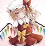  1girl ascot blush bow breasts cowboy_shot crystal dutch_angle flandre_scarlet food frilled_shirt_collar frilled_skirt frilled_sleeves frills hair_between_eyes hat hat_bow hat_ribbon highres holding holding_food holding_pocky large_bow long_hair looking_at_viewer mob_cap multicolored_wings nail_polish one_eye_closed one_side_up open_mouth pink_eyes pocky pocky_day puffy_short_sleeves puffy_sleeves red_bow red_nails red_ribbon red_skirt red_vest ribbon shirt short_sleeves simple_background skirt skirt_set sleeve_ribbon small_breasts solo star_(symbol) touhou vest waist_bow white_background white_headwear white_shirt wings wrist_cuffs yellow_ascot yellow_bow yuma_(yuuma_pants) 