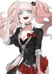 1girl bear_hair_ornament black_choker black_necktie blonde_hair blue_eyes bow breasts choker cleavage collarbone danganronpa:_trigger_happy_havoc danganronpa_(series) enoshima_junko fangs ga4me4 grey_necktie hair_ornament hand_up highres large_breasts long_hair looking_at_viewer miniskirt nail_polish necktie red_bow red_nails school_uniform shirt skirt sleeves_rolled_up smile solo twintails two-tone_necktie 