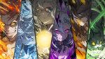  2boys 3girls animal bangs blonde_hair brown_hair cat clenched_teeth closed_eyes dark draph erune ewiyar_(granblue_fantasy) fediel_(granblue_fantasy) fire galleon_(granblue_fantasy) glasses granblue_fantasy harvin horns light long_hair lu_woh_(granblue_fantasy) multiple_boys multiple_girls official_art open_mouth red_hair symbol-shaped_pupils teeth upper_body wamdus_(granblue_fantasy) water white_hair wilnas_(granblue_fantasy) wind 