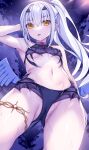  1girl bare_shoulders bikini black_bikini breasts dragon_wings fate/grand_order fate_(series) forked_eyebrows high_ponytail highres long_hair looking_at_viewer melusine_(fate) melusine_(swimsuit_ruler)_(fate) morizono_shiki navel night night_sky sidelocks sky small_breasts solo swimsuit tail thighlet thighs tongue tongue_out white_hair wings yellow_eyes 