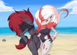  amber_eyes anthro beach big_breasts bikini black_body black_fur blue_eyes breasts buried buried_in_sand canid canine claws clothed clothing duo female female_focus fur fur_markings generation_5_pokemon hair hisuian_form hisuian_zoroark leaniv looking_at_viewer mammal markings navel neck_tuft nintendo outside pokemon pokemon_(species) pokemon_legends_arceus red_bikini red_clothing red_hair red_swimwear regional_form_(pokemon) sand seaside smile swimwear thick_thighs tuft water white_body white_fur white_hair yellow_sclera zoroark zorua 