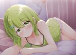  1girl bangs bare_arms bare_shoulders bed bed_sheet blush breasts camisole cleavage closed_eyes collarbone curtains downblouse flower flower_necklace green_camisole green_eyes green_hair hair_between_eyes hair_ornament hairclip highres jewelry looking_at_viewer lying medium_breasts morinaka_kazaki necklace nemuri_usagi_yufoo nijisanji on_bed on_side pajamas pillow short_shorts shorts smile solo thighs virtual_youtuber 