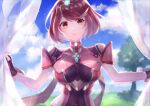 1girl absurdres breasts chest_jewel curtains earrings field fingerless_gloves gloves highres jewelry large_breasts looking_at_viewer mirin. pyra_(xenoblade) red_eyes red_hair short_hair sky solo swept_bangs tiara tree xenoblade_chronicles_(series) xenoblade_chronicles_2 