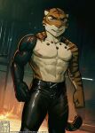  alexa_neon bottomwear chest_(disambiguation) clothing cyber_(disambiguation) cybernetic_arm cybernetic_limb cyberpunk felid furry invalid_tag leather macho male mammal max_strong nude pantherine pants smile smirk tiger 