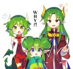  1boy 2girls absurdres anger_vein black_pants blue_eyes breasts brown_eyes china_dress chinese_clothes draco_centauros dragon_girl dragon_horns dragon_tail dragon_wings dress elbow_gloves fang flying_sweatdrops gloves grey_hair highres horns lidelle_(puyopuyo) long_hair long_sleeves looking_at_viewer medium_breasts multiple_girls offbeat open_mouth pants pointy_ears puyopuyo red_dress red_eyes satan_(puyopuyo) short_hair sleeveless sleeveless_dress tail white_background white_gloves wings 