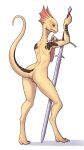  absurd_res ambiguous_gender animal_genitalia anthro desert_avenger digitigrade divinity_(series) frill_(anatomy) genital_slit genitals hi_res lizard_(divinity) lizardman melee_weapon nude red_eyes scalie slit solo sword tail weapon 