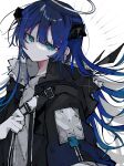  1girl arknights black_jacket blue_eyes blue_hair commentary demon_horns dot_mouth energy_wings fur-trimmed_jacket fur_trim gloves halo head_tilt highres horns jacket long_hair looking_at_viewer looking_to_the_side mostima_(arknights) shirt sidelocks simple_background solo upper_body uturoha_hito. white_background white_gloves white_shirt 