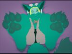  2023 4_toes absurd_res aliscik ambiguous_gender anthro barefoot big_ears claws feet flat_colors fluffy fluffy_tail foot_focus fur glistening glistening_body green_body green_fur hi_res horn looking_at_viewer lying machine paws prick_ears protogen solo sparkles tail toe_claws toes 