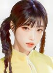  1girl absurdres braid brown_eyes grey_background hair_behind_ear highres joy_(red_velvet) k-pop long_hair looking_at_viewer mole mole_on_nose nagamerin parted_lips pink_lips portrait real_life realistic red_velvet_(group) shirt solo twin_braids yellow_shirt 