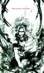  1boy black_sclera boku_no_hero_academia chromatic_aberration clenched_hand colored_sclera english_text fighting_stance floating_hair greyscale highres long_hair looking_at_viewer male_focus mature_male monochrome open_mouth pants solo straight-on teeth torn_clothes torn_sleeves tsukuyomi_kou twitter_username yagi_toshinori 
