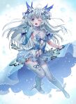  1girl absurdres breasts feathers hair_ribbon han_(ateez_hncrn) highres indie_virtual_youtuber mikazuki_silvi navel one_eye_closed open_mouth owl_ears owl_girl ribbon skirt small_breasts snowflakes solo virtual_youtuber white_hair 