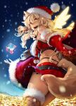  absurdres animal_ear_fluff animal_ears blonde_hair box breasts energy_wings fate/extra fate/extra_ccc fate/extra_ccc_fox_tail fate/grand_order fate/grand_order_arcade fate_(series) fox_ears fox_girl fox_tail gift gift_box gyaru hat highres large_breasts looking_at_viewer non-web_source official_art sakamoto_mineji santa_hat smile suzuka_gozen_(fate) suzuka_gozen_(santa)_(fate) tail 