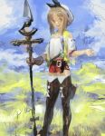 1girl atelier_(series) atelier_ryza belt belt_buckle brown_hair buckle character_request copyright_request feet_out_of_frame hakusaku holding holding_staff landscape looking_to_the_side medium_hair open_mouth pants red_pants reisalin_stout short_shorts shorts sidelocks sky smile solo staff teeth thighhighs upper_body upper_teeth_only white_headwear zettai_ryouiki 