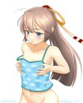  1girl blue_camisole blue_eyes breast_conscious brown_hair camisole collarbone flat_chest hair_ribbon kantai_collection kazagumo_(kancolle) long_hair navel no_panties one-hour_drawing_challenge out-of-frame_censoring ponytail ray.s ribbon simple_background solo strap_slip white_background 