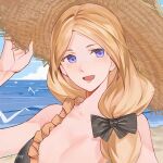  1girl beach bikini blonde_hair blue_eyes bow breasts brown_bikini cleavage fire_emblem fire_emblem:_three_houses fire_emblem_heroes hair_bow hat highres large_breasts long_hair looking_at_viewer mercedes_von_martritz mercedes_von_martritz_(summer) ocean open_mouth outdoors sky smile straw_hat swimsuit tzzis 