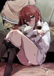  1girl after_sex bar_censor blush censored condom cum doll doll_hug feet_out_of_frame hug indoors long_hair looking_at_viewer makise_kurisu object_hug panties panties_around_one_leg pussy red_hair solo steam steins;gate tagme tai0201 underwear upa_(steins;gate) used_condom 
