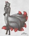  2023 black_body black_fur blokfort breasts canid canine female fox fur grey_body grey_fur hi_res mammal multi_tail nipples nude red_body red_fur simple_background standing tail 