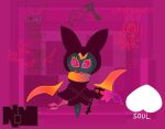  anthro axe bat clothing demon dreamer fangs female floating_wings fur grey_body grey_fur hood luzbel mammal pink_eyes simple_background solo teeth tokki-chan tunic 