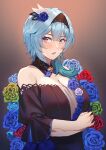 1girl absurdres arms_under_breasts bare_shoulders black_dress black_hairband blue_flower blue_hair blue_rose blush breasts cleavage crossed_arms detached_collar dress eula_(genshin_concert)_(genshin_impact) eula_(genshin_impact) floral_background flower flower_ornament genshin_impact gradient_background green_flower green_rose hair_ornament hairband highres kimi_tsuru large_breasts medium_hair off-shoulder_dress off_shoulder official_alternate_costume open_mouth orange_eyes purple_eyes red_flower red_rose rose sidelocks solo two-tone_eyes upper_body 
