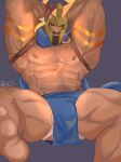 1boy abs absurdres armpits arms_behind_head bara bulge cape chest_hair dark-skinned_male dark_skin fake_horns feet feet_out_of_frame helmet highres horned_helmet horns jockstrap large_pectorals league_of_legends looking_at_viewer male_focus male_underwear male_underwear_peek mature_male muscular muscular_male navel navel_hair nipples pantheon_(league_of_legends) pectorals pelvic_curtain quietscrappy scar scar_on_chest soles solo spread_legs stomach thick_thighs thighs topless_male underwear white_male_underwear 