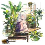  1girl aqua_eyes barefoot benghuai_xueyuan character_request chen_bin highres holding_legs honkai_(series) logo long_hair looking_at_viewer plant potted_plant side_ponytail sitting skirt smile solo white_hair 