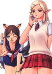  2girls ;d animal_ears animal_nose archived_source arm_behind_back avatar_(ff11) bag bag_charm bent_over black_bag blonde_hair blue_eyes blue_pupils blue_sailor_collar blue_skirt bra bra_peek bracelet breasts brown_eyes brown_hair brown_pupils cat_ears cat_girl cat_tail cellphone charm_(object) cleavage collarbone collared_shirt contemporary downblouse elf elvaan fangs final_fantasy final_fantasy_xi fingernails hair_ornament hairclip hand_up handbag holding holding_phone jewelry miniskirt mithra_(ff11) moogle motion_lines multiple_girls neckerchief necktie one_eye_closed open_mouth outstretched_arm parted_bangs phone pink_bra pink_lips plaid plaid_skirt pleated_skirt pointy_ears purple_bag red_neckerchief red_necktie red_skirt ringed_eyes sailor_collar school_uniform serafuku shirt short_hair short_sleeves short_twintails simple_background skirt small_breasts smile solo standing tail tail_raised taisai_soft thigh_gap thighs twintails underwear v white_background white_serafuku white_shirt 