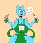  anthro apron apron_only big_breasts blue_body blue_eyes breasts cartoon_network clothing container cup domestic_cat english_text felid feline felis female holding_container holding_cup holding_object huge_breasts mammal mostly_nude neom-daddy nicole_watterson open_mouth question_mark solo speech_bubble text the_amazing_world_of_gumball whiskers 