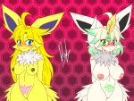  2021 absurd_res accessory anthro big_breasts blonde_hair blue_eyes blush breasts derthevaporeon duo eeveelution feather_in_hair feathers female generation_1_pokemon genitals green_eyes green_highlights hair hair_accessory headband heterochromia hi_res highlights_(coloring) horn hybrid_pokemon jolteon long_hair looking_at_viewer medium_breasts mega_absol mega_evolution nintendo pokemon pokemon_(species) pussy red_eyes short_hair shy smile smiling_at_viewer spiky_fur white_hair wide_hips womb_tattoo 