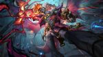  abs arm_up bare_shoulders belt black_gloves blonde_hair brown_belt character_request check_character colored_skin crown demon_girl feet_out_of_frame fingerless_gloves flaming_weapon from_below gloves grey_pants highres holding holding_sword holding_weapon isolde_(league_of_legends) league_of_legends long_hair long_sleeves looking_at_viewer looking_down male_focus medium_hair muscular muscular_male official_art pants red_skin solo_focus soul_fighter_viego sword third_eye third_eye_on_chest viego_(league_of_legends) weapon wings 