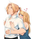  ... 1boy 1girl aiphelix aqua_shirt bare_shoulders blonde_hair blue_eyes blush collared_shirt couple cup edward_elric fullmetal_alchemist grabbing heart highres holding holding_cup hug hug_from_behind long_hair long_sleeves looking_at_another looking_to_the_side mug pectoral_grab ponytail shirt simple_background sleeves_pushed_up sweatdrop undershirt upper_body white_background white_shirt winry_rockbell yellow_eyes 