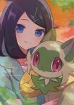  0roshioji3ran 1girl black_hair blue_eyes blurry closed_mouth commentary day green_jacket hair_ornament hairclip highres jacket liko_(pokemon) long_hair looking_at_viewer outdoors pokemon pokemon_(anime) pokemon_(creature) pokemon_horizons shirt smile sprigatito symbol-only_commentary twitter_username watermark white_shirt yellow_bag 