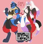  anthro armwear bandage blue_body blue_hair breasts clothed clothing duo english_text female generation_4_pokemon generation_5_pokemon hair hi_res legwear lucario male mienshao nintendo partially_clothed pokemon pokemon_(species) purple_hair red_background red_eyes simple_background spikes spikes_(anatomy) tail tattoorexy text white_body 
