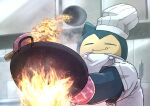 bowl buttons chef_hat closed_eyes closed_mouth clothed_pokemon commentary_request cooking fangs fangs_out fire hat highres indoors jacket kotobukkii_(yt_lvlv) oven_mitts pokemon smile snorlax steam white_headwear wok 