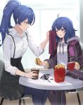  2girls absurdres adapted_costume ahoge alternate_hairstyle black_pantyhose black_skirt blue_eyes blue_hair burger buttons closed_mouth collarbone cup disposable_cup fast_food fire_emblem fire_emblem_awakening food french_fries happy_meal highres holding holding_food hood long_hair long_sleeves lucina_(fire_emblem) morgan_(fire_emblem) multiple_girls one_eye_closed pantyhose ponytail ritence shirt short_hair skirt smile soda white_shirt 