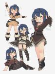  :d absurdres alternate_costume bag blue_hair boots bow brown_dress cape dated dress erynn_(porforever) highres lantern multiple_hairpins musical_note one_eye_closed original porforever shoulder_bag signature smile thighhighs yellow_eyes 