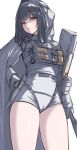  1girl absurdres axe black_hair blunt_bangs blush cameltoe coat cowboy_shot d_(nikke) gloves goddess_of_victory:_nikke gun hatchet_(axe) high-waist_shorts highres holding holding_weapon holster hood hood_up hooded_coat kurone_rinka long_coat long_hair looking_at_viewer red_eyes short_shorts shorts sidelocks simple_background sketch solo submachine_gun tactical_clothes thighs turning_head unfinished weapon white_background 